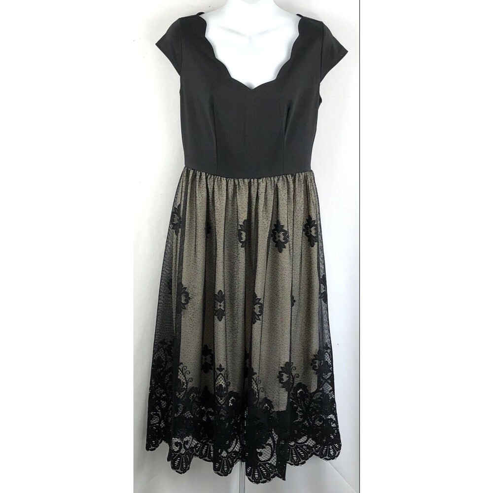 Vintage Midi Fit & Flare Dress M Blk Floral Lace Mesh Fairy Gothic Gown Grunge